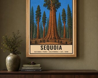 Plakat z Parkiem Narodowym Sekwoi, wydruk podróżny z gigantycznymi drzewami z Kalifornii w stylu vintage, grafika ścienna z sylwetką lasu w stylu retro, sitodruk w stylu WPA do druku