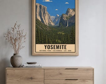 Plakat z Parku Narodowego Yosemite, wydruk podróżniczy Half Dome w Kalifornii w stylu vintage, dekoracja ścienna z wodospadem w dolinie w stylu retro, sitodruk w stylu WPA do druku