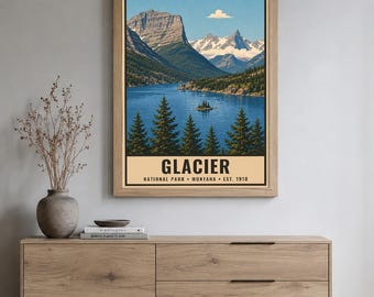 Plakat z Parku Narodowego Glacier, wydruk podróżniczy z Montany „Going to the Sun Road” w stylu vintage, sztuka ścienna z górskim jeziorem w stylu retro, sztuka do druku w stylu WPA