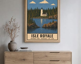 Plakat z Parku Narodowego Isle Royale, wydruk z podróży po Jeziorze Górnym w stanie Michigan, retro sztuka ścienna z dziką wyspą, wydruk w stylu WPA