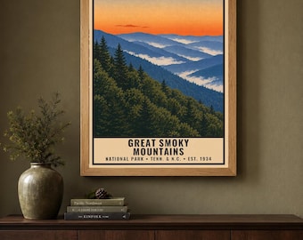 Plakat z Parku Narodowego Great Smoky Mountains, wydruk z podróży w stylu vintage Blue Ridge, sztuka ścienna w stylu retro z motywem leśnych gór, dekoracja do druku w stylu WPA