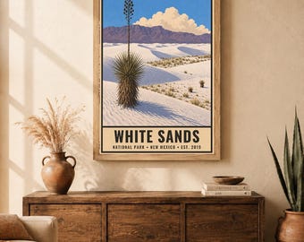 Plakat z Parku Narodowego White Sands, wydruk vintage z podróży w stylu pustynnym w Nowym Meksyku, minimalistyczny krajobraz w stylu retro, do druku w stylu WPA