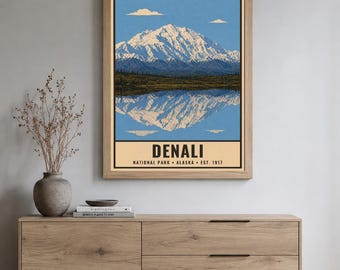 Plakat z Parku Narodowego Denali, wydruk z podróży w stylu vintage z górską tundrą na Alasce, retro pejzaż z dziką przyrodą, sztuka do druku w stylu WPA z lat 60. XX wieku