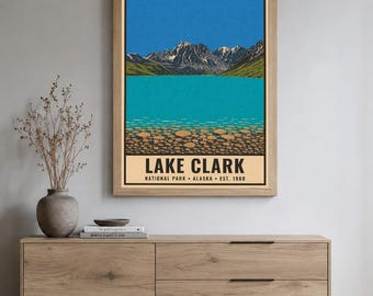 Lake Clark National Park Poster, Vintage Alaska Mountain Lake Travel Print, Retro Alpine Wilderness Wall Art, WPA Style Serigraph Printable