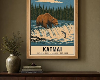 Plakat z Parku Narodowego Katmai, wydruk z podróży z dzikim niedźwiedziem brunatnym z Alaski, sztuka ścienna w stylu retro z doliną rzeki, sitodruk w stylu WPA do druku