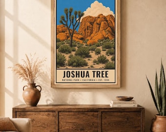 Plakat z Parku Narodowego Joshua Tree, wydruk z podróży po pustyni kalifornijskiej w stylu vintage, retro pejzaż z kaktusami, sztuka do druku w stylu WPA z lat 60. XX wieku