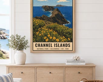 Plakat z Parkiem Narodowym Wysp Normandzkich, wydruk z podróży po wybrzeżu Kalifornii w stylu vintage, sztuka ścienna w stylu retro z motywem oceanu, sitodruk w stylu WPA z lat 60. XX wieku do druku