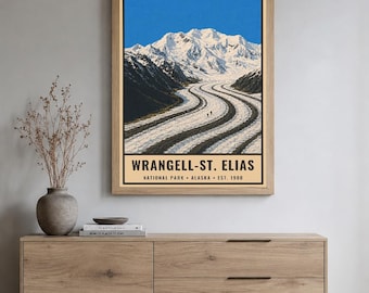 Plakat z Parku Narodowego Wrangell-Saint-Elias, wydruk podróżniczy z podróży po górach Alaski i lodowcu, sztuka ścienna w stylu retro alpejskim, sztuka do druku w stylu WPA