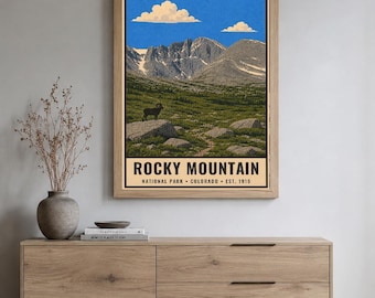 Vintage poster van Rocky Mountain National Park, landschap met dikhoornschapen in Colorado (digitale download)