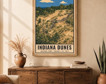 Plakat z Parku Narodowego Indiana Dunes, wydruk z podróży po plaży nad jeziorem Michigan w stylu vintage, dekoracja ścienna z wydmami w stylu retro, dekoracja do druku w stylu WPA z lat 60. XX wieku