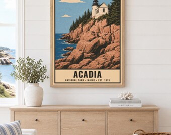 Acadia National Park Poster, Vintage Maine Lighthouse Print, Retro Coastal Landscape Art, 1960s WPA Style Serigraph Wall Decor