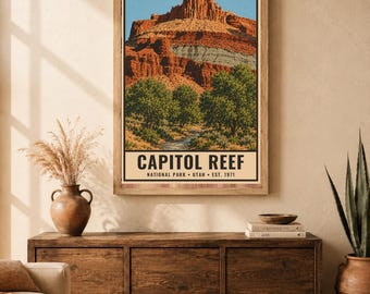 Plakat z Parku Narodowego Capitol Reef, wydruk podróżny z Utah Red Rock w stylu vintage, dekoracja ścienna z krajobrazem kanionu w stylu retro, dekoracja do druku w stylu WPA z lat 60.