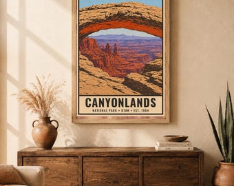 Plakat z Parku Narodowego Canyonlands, wydruk z podróży w stylu vintage Mesa Arch w Utah, retro dekoracja ścienna z widokiem na pustynię, dekoracja do druku w stylu WPA z lat 60. XX wieku