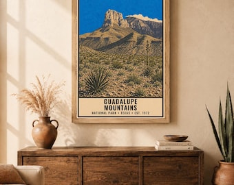 Plakat z Parku Narodowego Gór Guadalupe, wydruk podróżniczy z podróży w stylu vintage z pustynią El Capitan w Teksasie, sztuka ścienna w stylu retro kanionu, sztuka do druku w stylu WPA