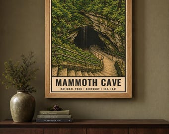 Mammoth Cave National Park Poster, Kentucky Historic Entrance Vintage Travel Print, Retro Underground Wall Art, WPA Style Printable Art