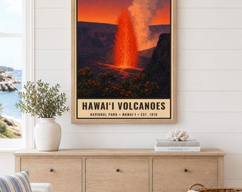 Hawaii Volcanoes National Park Poster, Vintage Big Island Lava Travel Print, Retro Volcanic Landscape Wall Art, WPA Style Printable Art