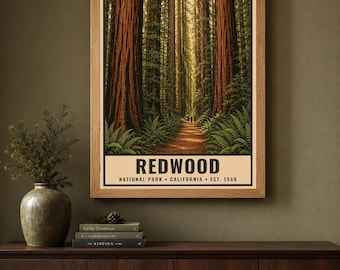 Redwood National Park Vintage Poster, California Old Growth Forest Trail (Digital Download)