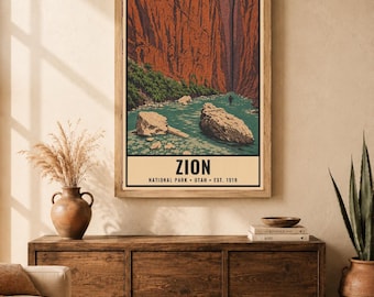 Plakat z Parku Narodowego Zion, wydruk z podróży w stylu vintage The Narrows w stanie Utah, grafika ścienna w stylu retro Hiker Canyon, dekoracja z sitodrukiem w stylu WPA z lat 60. XX wieku
