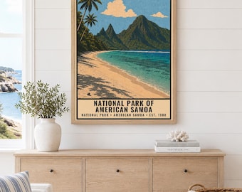 Affiche du parc national des Samoa américaines, impression de voyage vintage sur une île du Pacifique Sud, art mural rétro tropical de plage, art imprimable style WPA