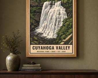 Plakat z Parku Narodowego Doliny Cuyahoga, wydruk z podróży po lesie w Ohio w stylu vintage, dekoracja ścienna z wodospadem Brandywine w stylu retro, dekoracja do druku w stylu WPA z lat 60. XX wieku