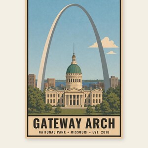 Op de afbeelding: Een verticale poster met een gestileerde illustratie van de Gateway Arch in St. Louis, Missouri, met het Old Courthouse op de voorgrond. De tekst luidt GATEWAY ARCH NATIONAL PARK MISSOURI EST. 2018, met informatie over de digitale download.