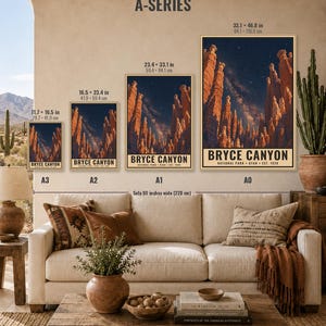 May include: Four posters labeled A3, A2, A1, and A0 featuring a Bryce Canyon night landscape with hoodoos and a starry sky. Sizes range from 11.7 x 16.5 inches to 33.1 x 46.8 inches. Text includes BRYCE CANYON NATIONAL PARK UTAH EST. 1928.
