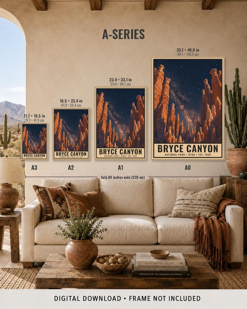 May include: Four posters labeled A3, A2, A1, and A0 featuring a Bryce Canyon night landscape with hoodoos and a starry sky. Sizes range from 11.7 x 16.5 inches to 33.1 x 46.8 inches. Text includes BRYCE CANYON NATIONAL PARK UTAH EST. 1928.