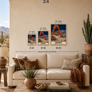 May include: Three framed wall art prints of Arches National Park displayed in sizes 9x12 inches, 12x16 inches, and 18x24 inches. The prints feature a red rock arch, a starry night sky, and the text ARCHES. The image includes size labels and a 3:4 ratio.
