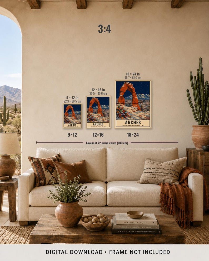 May include: Three framed wall art prints of Arches National Park displayed in sizes 9x12 inches, 12x16 inches, and 18x24 inches. The prints feature a red rock arch, a starry night sky, and the text ARCHES. The image includes size labels and a 3:4 ratio.