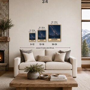 May include: Three vertical wall art prints of Glacier National Park featuring a night sky with a starry Milky Way over a mountain and lake. The prints are shown in 9x12 inches, 12x16 inches, and 18x24 inches sizes. Text on prints reads GLACIER NATIONAL PARK MONTANA EST. 1910.