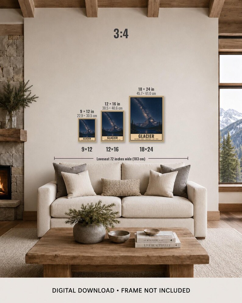 May include: Three vertical wall art prints of Glacier National Park featuring a night sky with a starry Milky Way over a mountain and lake. The prints are shown in 9x12 inches, 12x16 inches, and 18x24 inches sizes. Text on prints reads GLACIER NATIONAL PARK MONTANA EST. 1910.