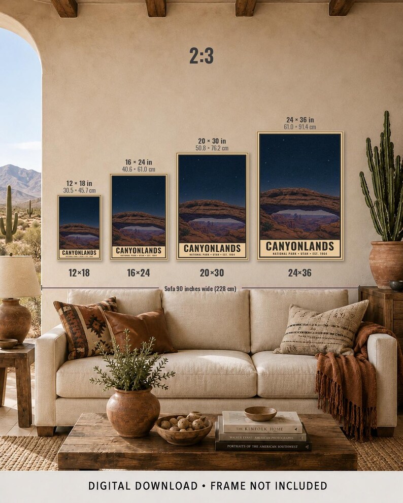 May include: Four vertical posters of Canyonlands National Park at night, displayed in sizes 12x18, 16x24, 20x30, and 24x36 inches. Each print features a dark starry sky above a natural rock arch, with the text CANYONLANDS NATIONAL PARK UTAH EST 1964.