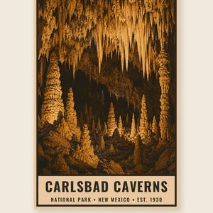 May include: A rectangular poster featuring a sepia-toned illustration of the interior of Carlsbad Caverns with stalactites and stalagmites. The text reads: CARLSBAD CAVERNS NATIONAL PARK &bull; NEW MEXICO &bull; EST. 1930. The design has a dark border.