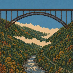Pode incluir: Uma ilustra&ccedil;&atilde;o detalhada de uma grande ponte em arco de a&ccedil;o atravessando um vale profundo. Abaixo da ponte, um rio sinuoso flui atrav&eacute;s de uma floresta densa repleta de &aacute;rvores com cores de outono em tons de verde, laranja e amarelo.