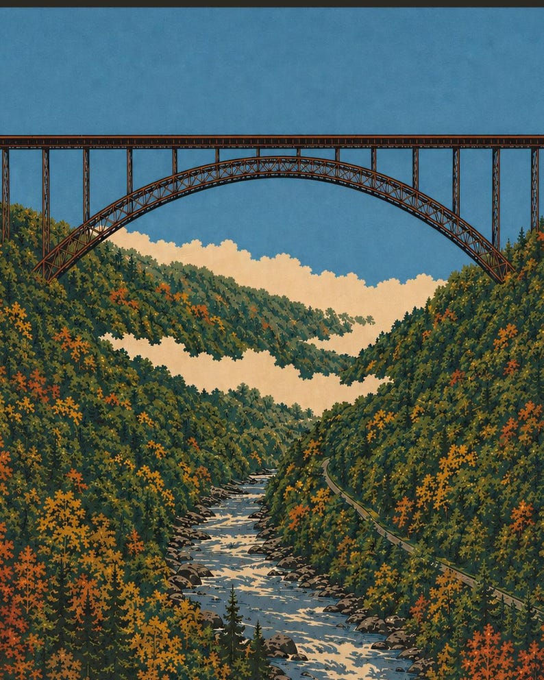 Pode incluir: Uma ilustra&ccedil;&atilde;o detalhada de uma grande ponte em arco de a&ccedil;o atravessando um vale profundo. Abaixo da ponte, um rio sinuoso flui atrav&eacute;s de uma floresta densa repleta de &aacute;rvores com cores de outono em tons de verde, laranja e amarelo.
