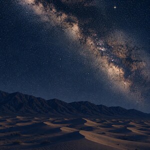 May include: A vast desert landscape featuring rolling sand dunes under a dark night sky. The Milky Way galaxy stretches across the horizon in a band of bright stars and cosmic dust, with a mountain range silhouetted against the starry expanse.