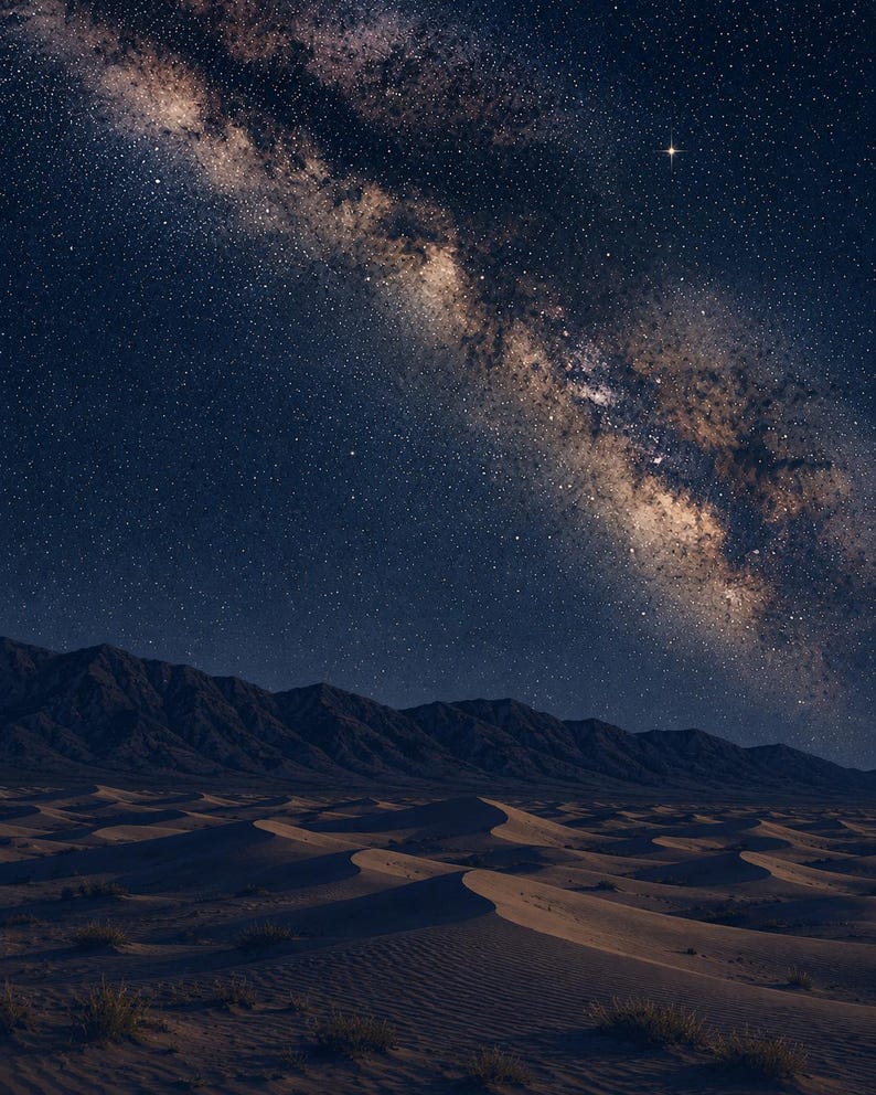 May include: A vast desert landscape featuring rolling sand dunes under a dark night sky. The Milky Way galaxy stretches across the horizon in a band of bright stars and cosmic dust, with a mountain range silhouetted against the starry expanse.