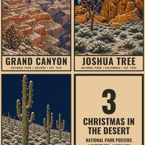 May include: A set of three rectangular posters featuring illustrations of Grand Canyon, Joshua Tree, and Saguaro National Parks, each decorated with colorful Christmas lights. A fourth panel displays the text 3 CHRISTMAS IN THE DESERT.
