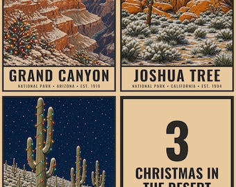 Juego de pósteres navideños del desierto, 3 láminas navideñas con cactus, arte invernal del suroeste (descarga digital)