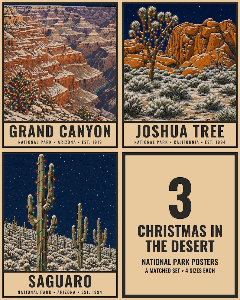 May include: A set of three rectangular posters featuring illustrations of Grand Canyon, Joshua Tree, and Saguaro National Parks, each decorated with colorful Christmas lights. A fourth panel displays the text 3 CHRISTMAS IN THE DESERT.