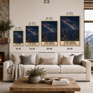 May include: Four vertical wall art prints of Black Canyon of the Gunnison National Park, featuring a starry night sky over a deep canyon. Sizes range from 12x18 inches to 24x36 inches. The text reads Black Canyon of the Gunnison National Park.