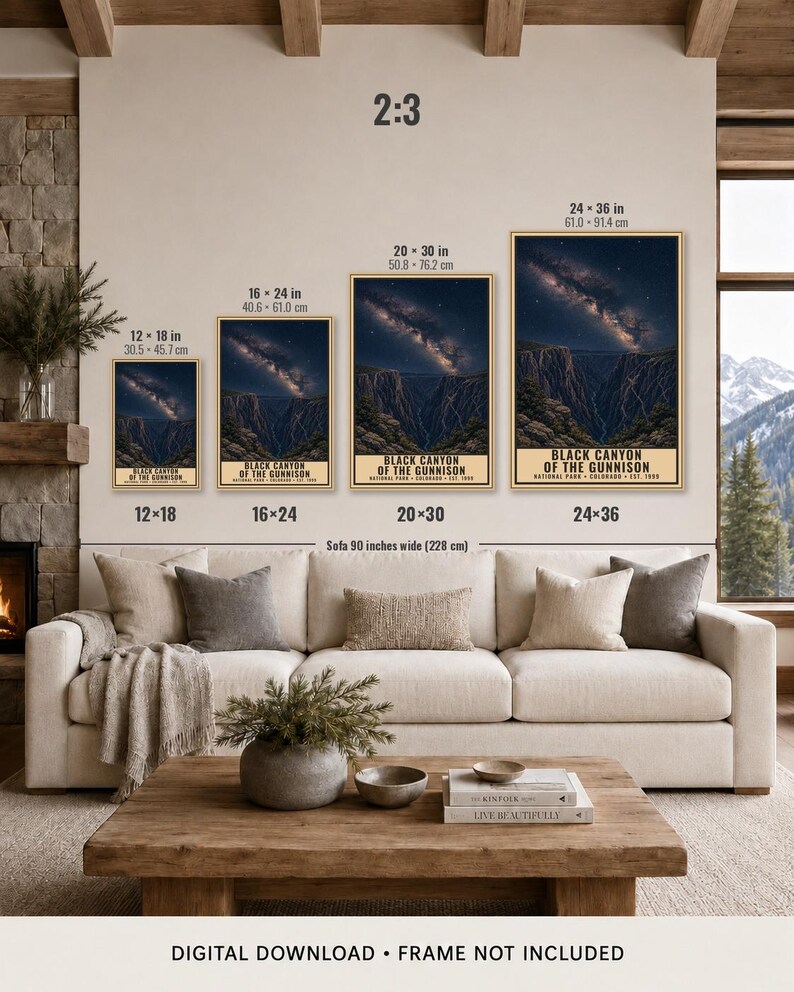 May include: Four vertical wall art prints of Black Canyon of the Gunnison National Park, featuring a starry night sky over a deep canyon. Sizes range from 12x18 inches to 24x36 inches. The text reads Black Canyon of the Gunnison National Park.