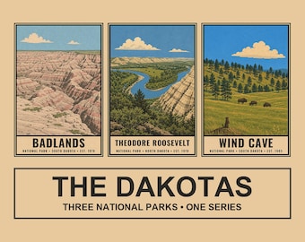 Dakotas National Parks Poster Set, Badlands Theodore Roosevelt Wind Cave, Vintage Travel Artwork, Printable Digital Download Wall Decor