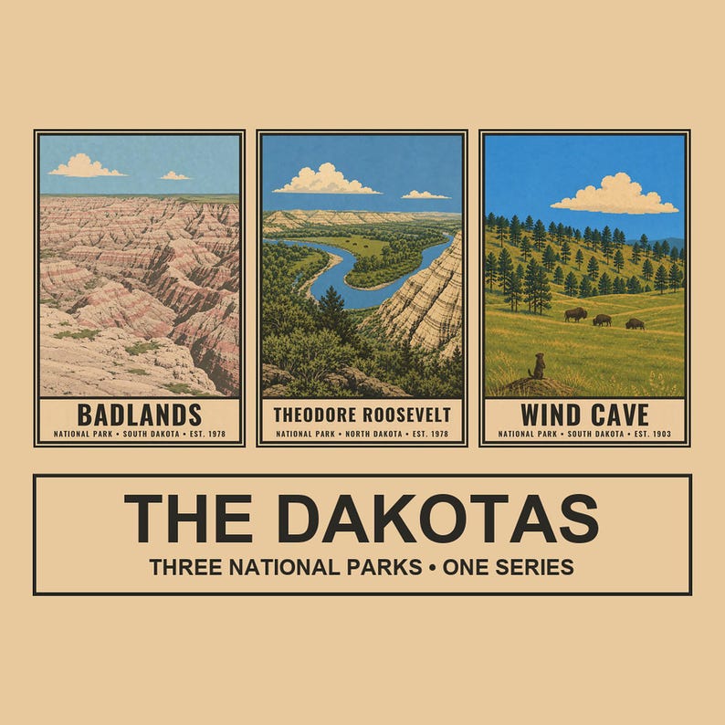 May include: A graphic print featuring three rectangular illustrations of national parks titled Badlands, Theodore Roosevelt, and Wind Cave. Below these, the text reads THE DAKOTAS THREE NATIONAL PARKS ONE SERIES on a light tan background.