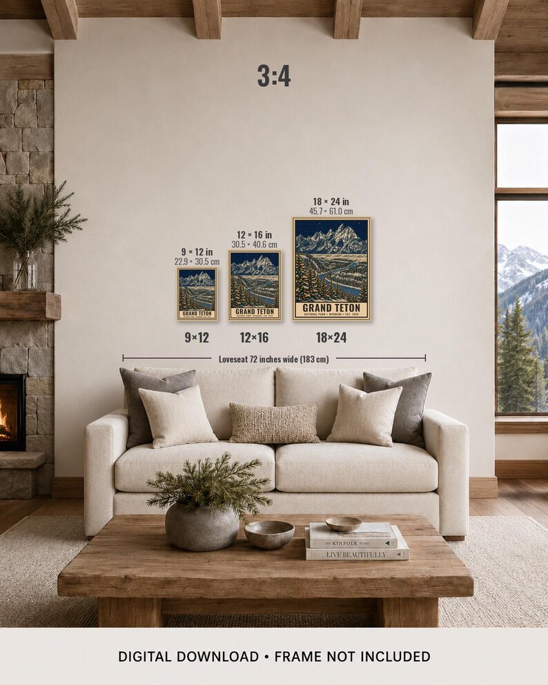 May include: Three rectangular wall art prints featuring a Grand Teton National Park landscape illustration in blue, cream, and gold. The prints are displayed in sizes 9x12 inches, 12x16 inches, and 18x24 inches, with text reading Grand Teton National Park.