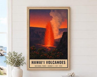 ハワイ火山国立公園ポスター、ヴィンテージビッグアイランド溶岩噴水、印刷可能な旅行アートワーク、キラウエア火口装飾、デジタルダウンロード