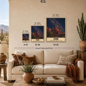 May include: Three framed wall art prints of Zion National Park at night, featuring a starry sky over red rock mountains. Sizes shown include 8x10 inches, 16x20 inches, and 24x30 inches. The text reads Zion National Park Utah Est 1919. Digital download.