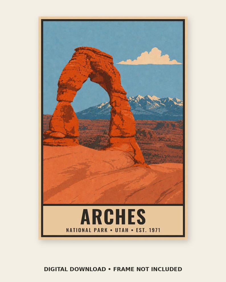 Arches National Park Poster, Delicate Arch Utah Vintage Travel Print, Retro Desert Landscape Wall Art, 1960s WPA Style Printable Decor image 3