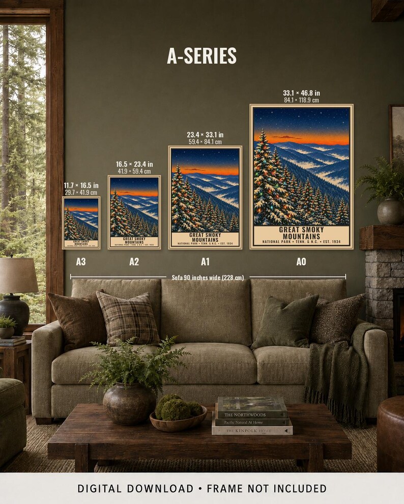 May include: A series of four posters depicting the Great Smoky Mountains National Park at sunset, displayed in A3, A2, A1, and A0 sizes. Each print features snow-covered pine trees with lights against a mountain range and starry sky.