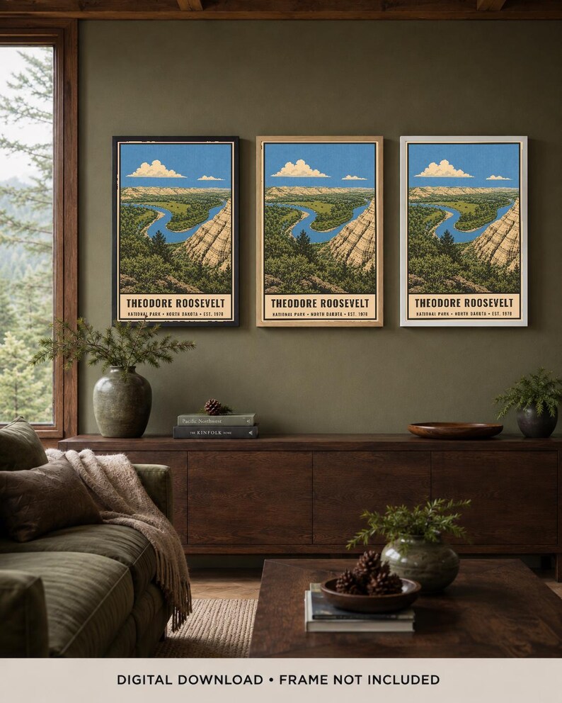 May include: Three vertical wall art prints featuring a landscape illustration of Theodore Roosevelt National Park in North Dakota. The artwork depicts a winding blue river, rocky cliffs, and green trees under a blue sky with white clouds.